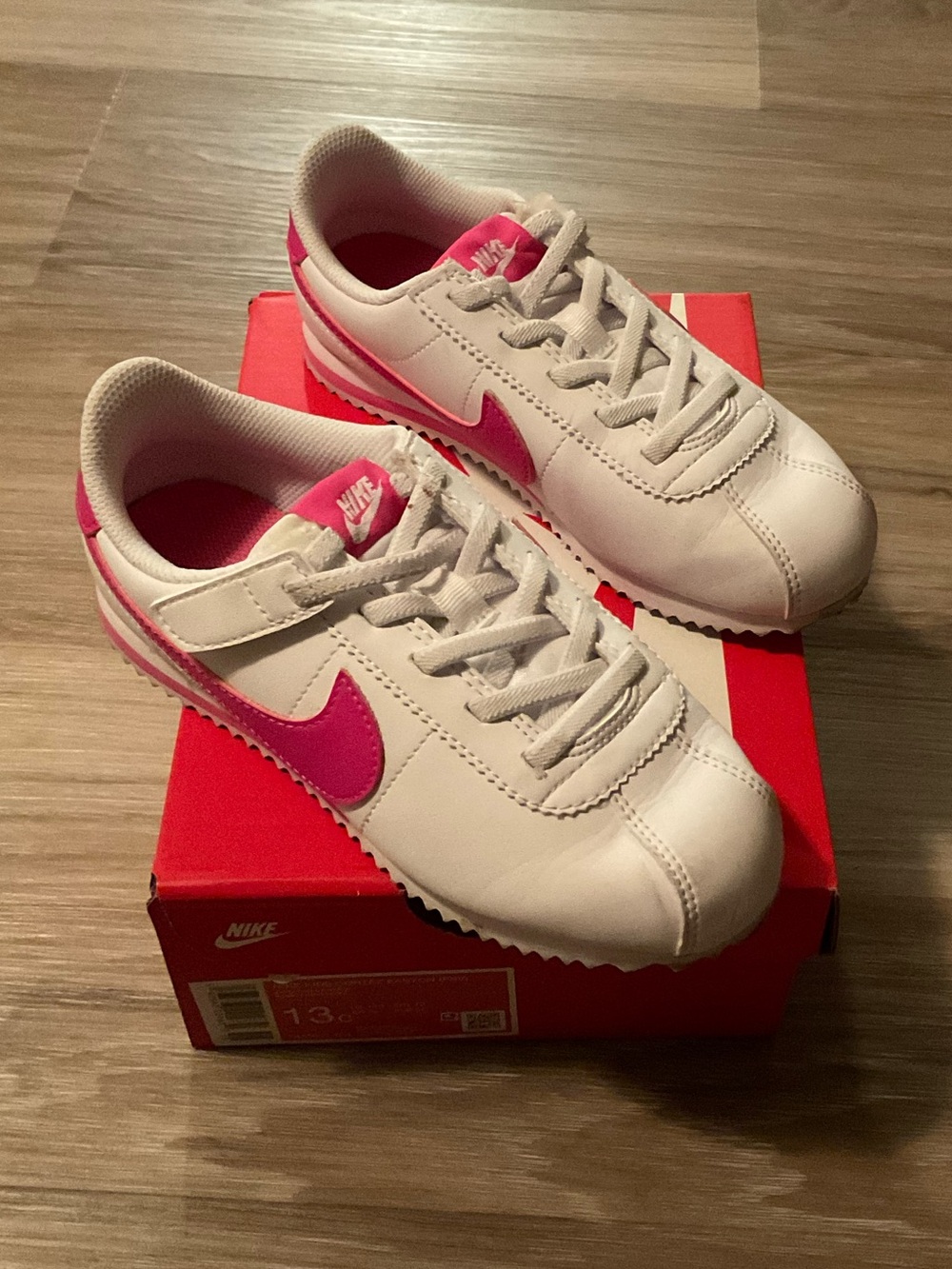 Nike Kids Cortez White Sneakers with Pink Swoosh